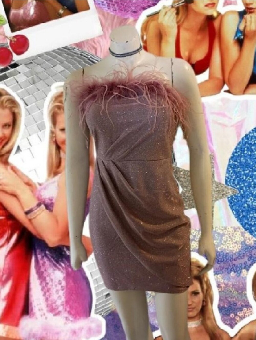 Y2K Speechless Dusty Rose Glitter Faux Wrap Feather Trim Sleeveless Mini Dress 5